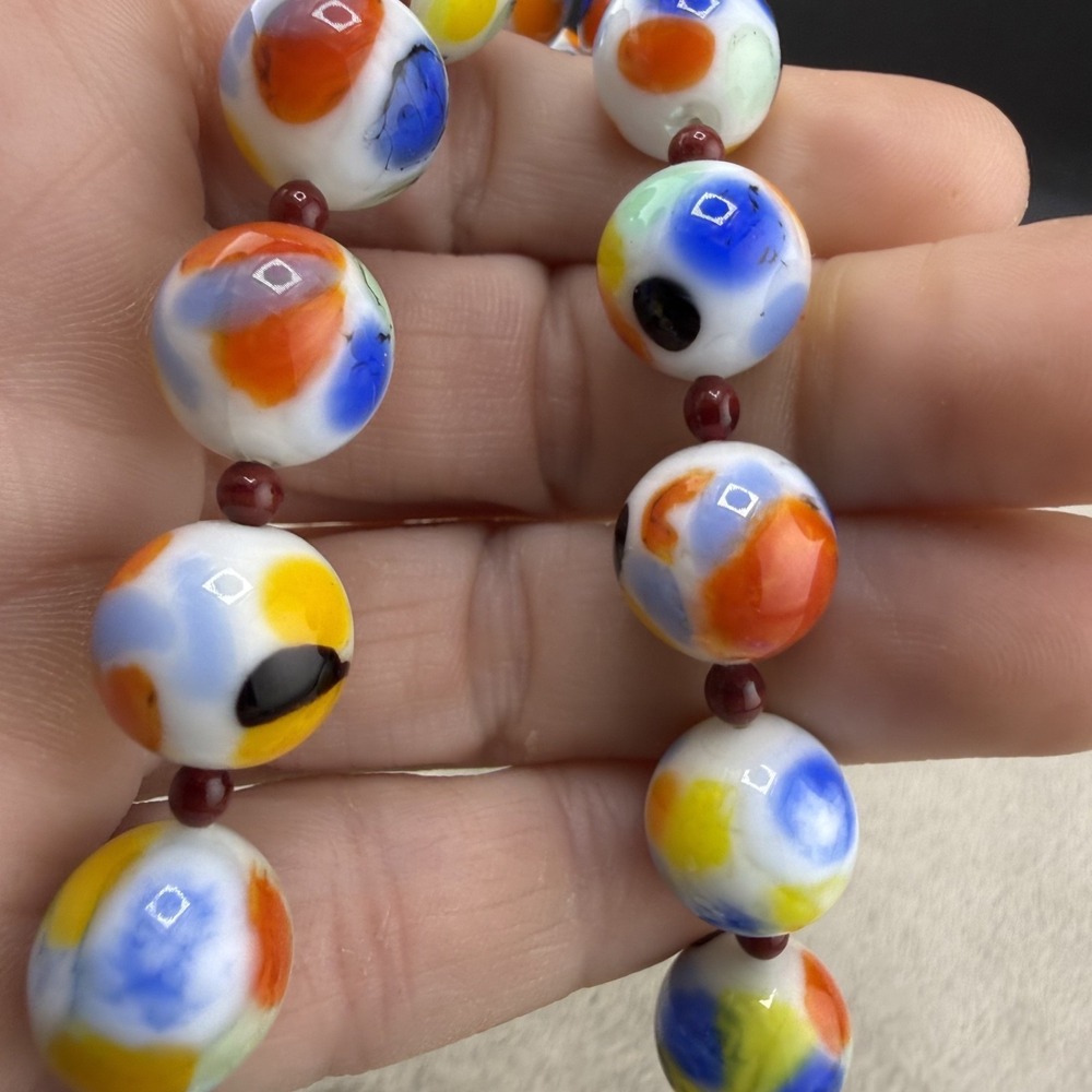 Vintage Glass Beaded Necklace Tie Dye Marble 27"